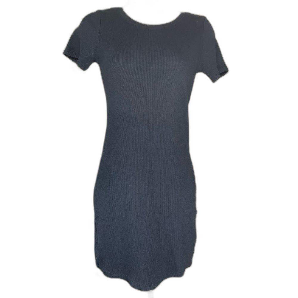 Open Edit T-Shirt Dress W/S Black Ribbed Knit Mini Short Sleeve LN/NWOT - Picture 2 of 10